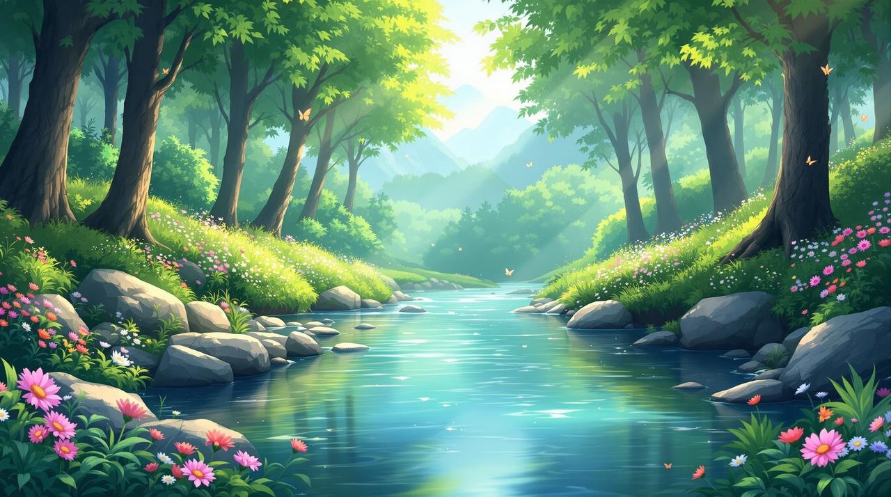 短剧全集免费 - 清澈甘甜的治愈剧场，山间清泉流淌在绿意盎然的森林中，晨光洒落，温暖治愈